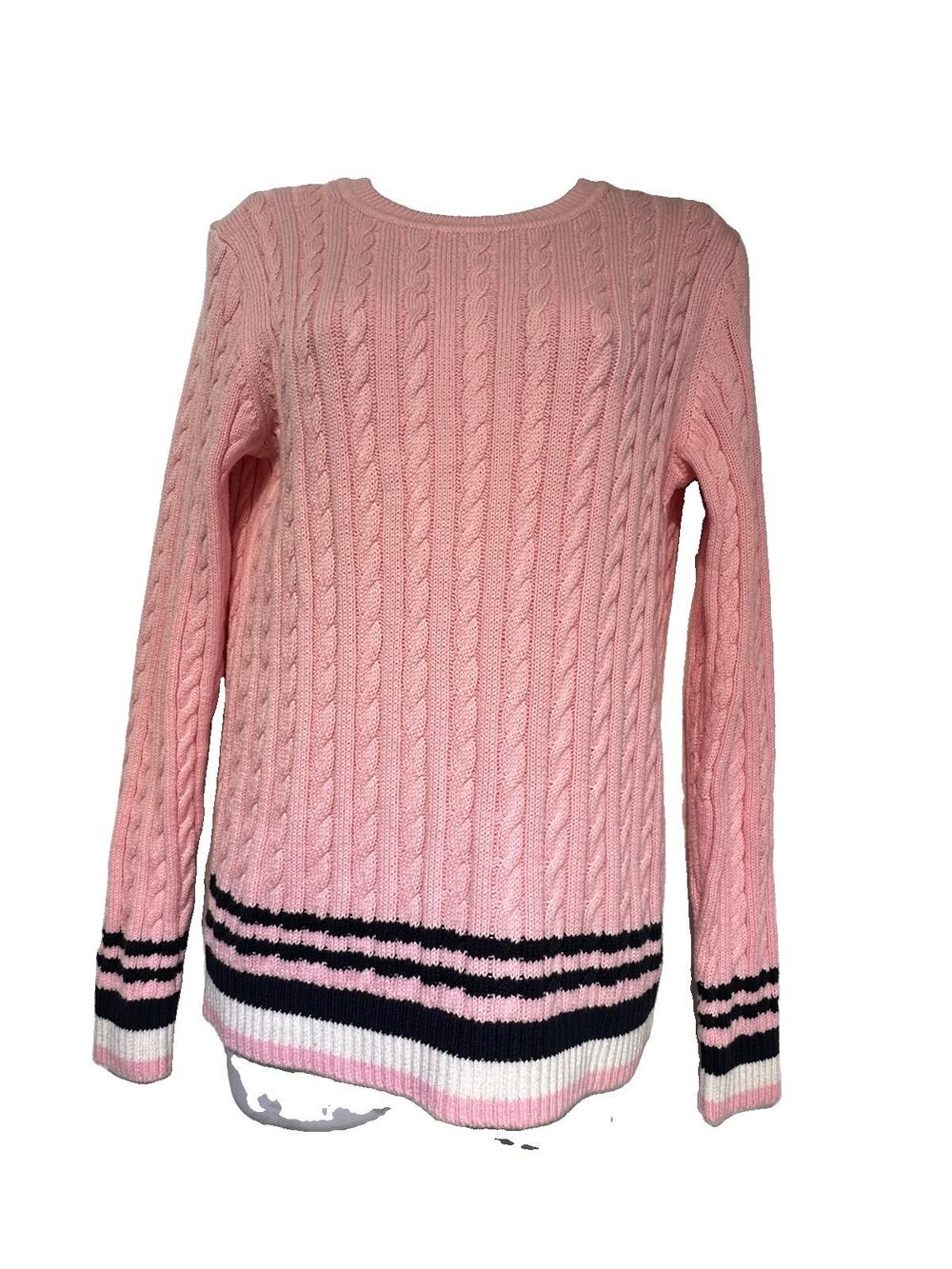 Tommy Hilfiger Womens Size M Pink Preppy Cable Knit Crewneck Sweater Striped Hem